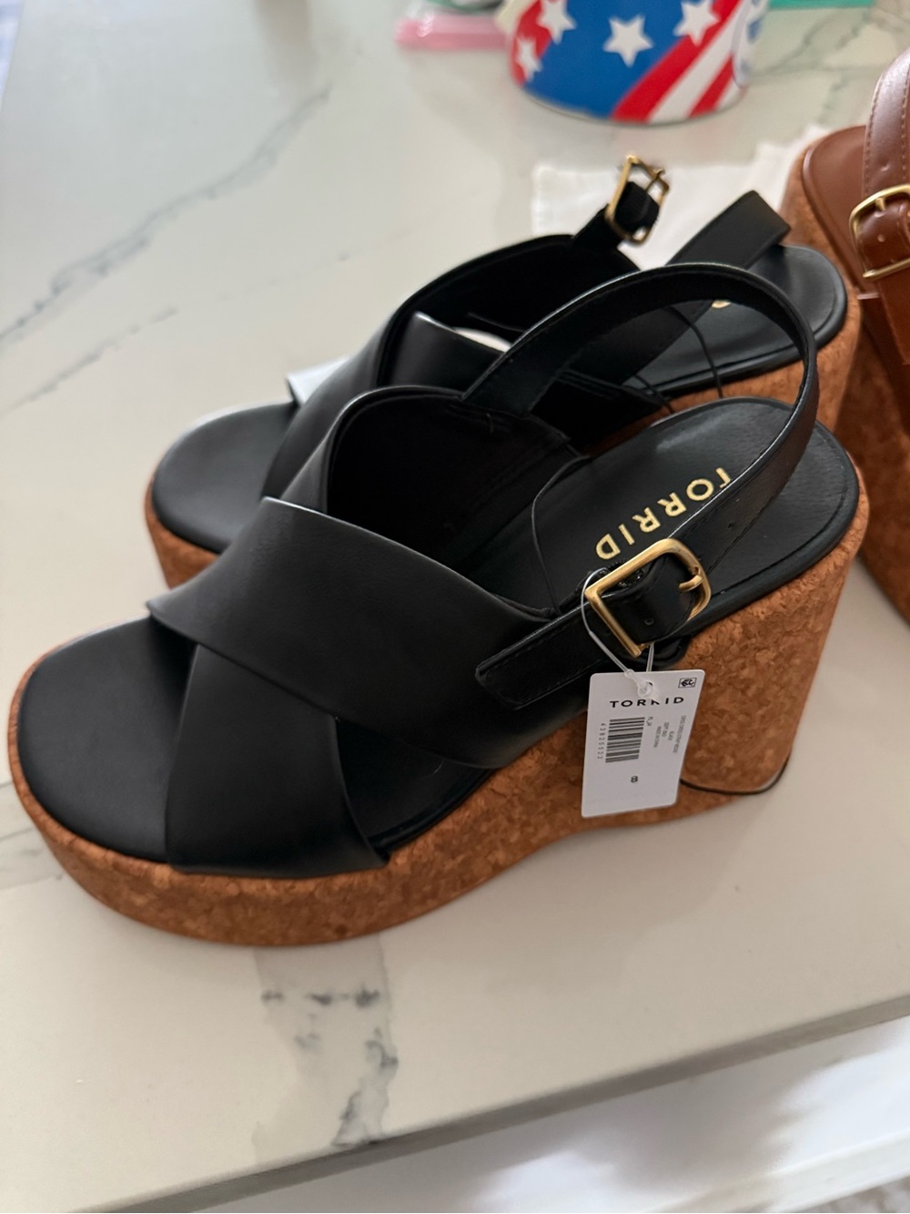 torrid Black Cork Platform Slingback Wedges size 8